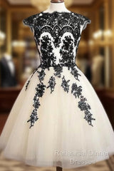 Unique Lace Tulle Short Semi Formal Prom Dress, Lace Bridesmaid Dress