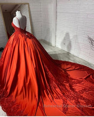 Unique Long Princess Sweetheart Backless Appliques Lace Satin Wedding Dresses