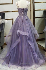 Unique Long Tulle Spaghetti Straps Semi Formal Prom Dress Evening Dress With Lace Applique,