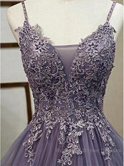 Unique Long Tulle Spaghetti Straps Semi Formal Prom Dress Evening Dress With Lace Applique,