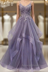 Unique Long Tulle Spaghetti Straps Semi Formal Prom Dress Evening Dress With Lace Applique,