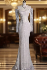 Unique Mermaid Off The Shoulder Long Sleeves Wedding Dresses Sequin Brides Dress