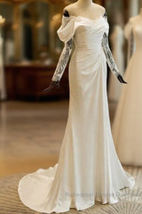 Unique Mermaid Off The Shoulder Pleats Satin Long Sleeves Wedding Dresses Brides Dress