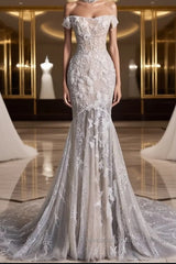 Unique Mermaid Off The Shoulder Sequin Short Sleeves Wedding Dresses Brides Dress