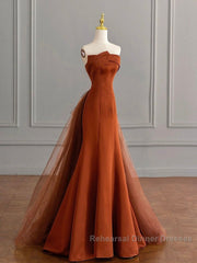 Unique Mermaid Satin Brown Long Semi Formal Prom Dress, Brown Long Evening Dress