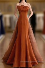 Unique Mermaid Satin Brown Long Semi Formal Prom Dress, Brown Long Evening Dress