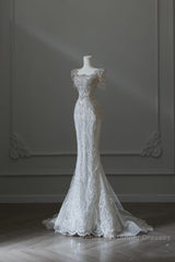 Unique Mermaid Square Neckline Short Sleeves Wedding Dresses White Brides Dress