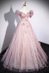 Unique Powder Blusher Pink Glitter Sequins Off Shoulder Rhinestone Applique Short Sleeve Semi Formal Prom Dress Powder Blusher Pink A-Line Princess Backless Strap Long Evening Dress