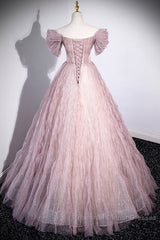 Unique Powder Blusher Pink Glitter Sequins Off Shoulder Rhinestone Applique Short Sleeve Semi Formal Prom Dress Powder Blusher Pink A-Line Princess Backless Strap Long Evening Dress