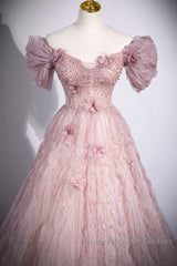 Unique Powder Blusher Pink Glitter Sequins Off Shoulder Rhinestone Applique Short Sleeve Semi Formal Prom Dress Powder Blusher Pink A-Line Princess Backless Strap Long Evening Dress