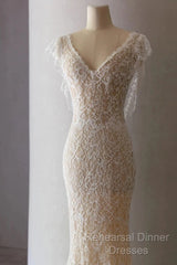 Unique Sheath V Neckline Cap Sleeves Lace Ivory Wedding Dresses