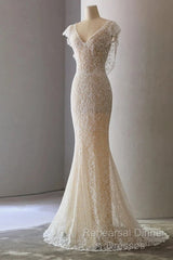 Unique Sheath V Neckline Cap Sleeves Lace Ivory Wedding Dresses