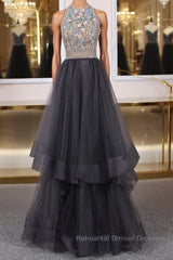 Unique tulle beads long Semi Formal Prom Dresses tulle long evening Dresses