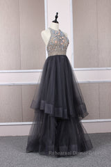 Unique tulle beads long Semi Formal Prom Dresses tulle long evening Dresses