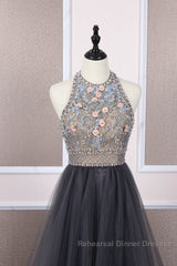 Unique tulle beads long Semi Formal Prom Dresses tulle long evening Dresses