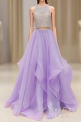 Unique Two Pieces Sequin Purple Long Semi Formal Prom Dress, Purple Evening Dress