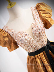 Unique V-Neck Beaded Floor Length Semi Formal Prom Dress, Beautiful A-Line Short Sleeve Party Dress