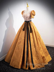 Unique V-Neck Beaded Floor Length Semi Formal Prom Dress, Beautiful A-Line Short Sleeve Party Dress