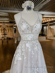 Unique v neck tulle lace long Semi Formal Prom Dresses, lace wedding Dresses