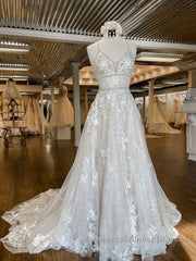 Unique v neck tulle lace long Semi Formal Prom Dresses, lace wedding Dresses
