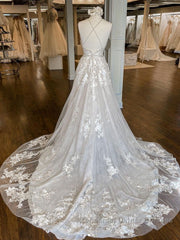 Unique v neck tulle lace long Semi Formal Prom Dresses, lace wedding Dresses