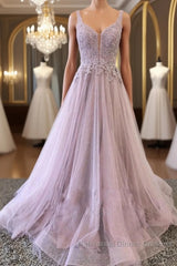 Unique v neck tulle lace long Semi Formal Prom Dresses, tulle evening Dresses