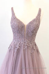 Unique v neck tulle lace long Semi Formal Prom Dresses, tulle evening Dresses