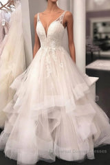 Unique v neck tulle lace long Semi Formal Prom Dresses, tulle lace wedding Dresses