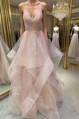 Unique v neck tulle sequin long Semi Formal Prom Dresses sequin formal Dresses