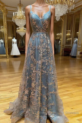 Unique v neck tulle sequin long Semi Formal Prom Dresses, sequin long evening Dresses