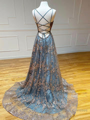 Unique v neck tulle sequin long Semi Formal Prom Dresses, sequin long evening Dresses