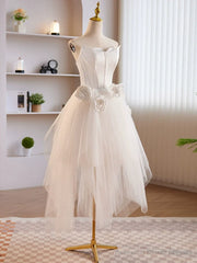 Unique White Tulle Satin Short Prom Dress, White Homecoming Dress
