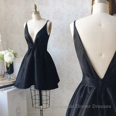 V Neck and V Back Black Satin Short Semi Formal Prom Dresses Homecoming Dresses, V Neck Black Formal Graduation Evening Dresses, Black Cocktail Dresses