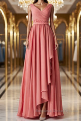 V Neck and V Back High Low Coral Chiffon Long Semi Formal Prom Dresses, Long Coral Formal Evening Bridesmaid Dresses with Slit