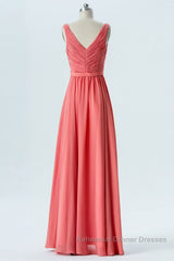 V Neck and V Back High Low Coral Chiffon Long Semi Formal Prom Dresses, Long Coral Formal Evening Bridesmaid Dresses with Slit