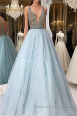 V Neck And V Back Sequin Tulle Long Blue Semi Formal Prom Dresses, Blue Evening Dresses