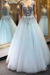 V Neck Appliques Blue Lace Long Semi Formal Prom Dresses, Floral Blue Lace Formal Dresses, Lace Blue Evening Dresses, Ball Gown