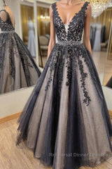 V Neck Backless Black Lace Long Semi Formal Prom Dresses, Black Lace Formal Dresses, Black Evening Dresses