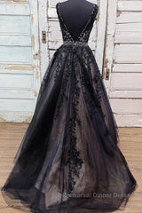 V Neck Backless Black Lace Long Semi Formal Prom Dresses, Black Lace Formal Dresses, Black Evening Dresses