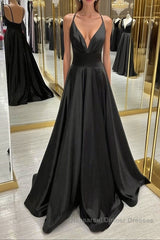 V Neck Backless Black Satin Long Semi Formal Prom Dresses, Backless Black Formal Dresses, Black Evening Dresses
