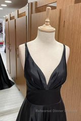V Neck Backless Black Satin Long Semi Formal Prom Dresses, Backless Black Formal Dresses, Black Evening Dresses