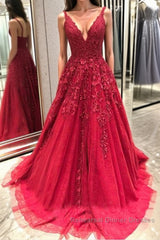 V Neck Backless Burgundy Lace Long Semi Formal Prom Dresses, Burgundy Lace Formal Graduation Evening Dresses