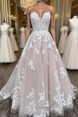 V Neck Backless Champagne Lace Appliques Long Semi Formal Prom Dresses, Champagne Lace Formal Evening Dresses