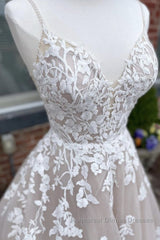 V Neck Backless Champagne Lace Appliques Long Semi Formal Prom Dresses, Champagne Lace Formal Evening Dresses