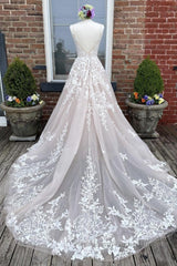 V Neck Backless Champagne Lace Appliques Long Semi Formal Prom Dresses, Champagne Lace Formal Evening Dresses