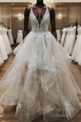 V Neck Backless Light Champagne Lace Wedding Dresses, Open Back Champagne Lace Formal Semi Formal Prom Dresses