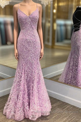 V Neck Backless Mermaid Purple Lace Long Semi Formal Prom Dresses, Mermaid Purple Formal Dresses, Purple Lace Evening Dresses