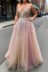 V Neck Backless Pink Lace Floral Long Semi Formal Prom Dresses, Pink Lace Formal Dresses, Pink Evening Dresses