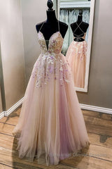 V Neck Backless Pink Lace Floral Long Semi Formal Prom Dresses, Pink Lace Formal Dresses, Pink Evening Dresses