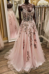 V Neck Backless Pink Lace Long Semi Formal Prom Dresses, Long Pink Lace Formal Evening Dresses
